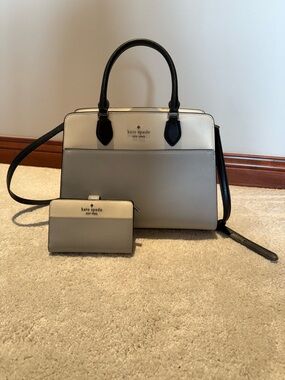 kate spade Two-Tone Cream, Light Gray & Black Satchel with Matching Wallet